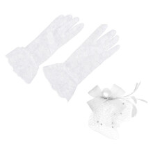 2-teiliger Fascinator-Netzschleierhut mit Schleife und Handschuhen