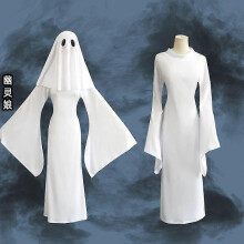 (Jacket, dress) Halloween Ghost Costume Apricot Lady Cosplay Dress Slim White Gown Set with Headpiece