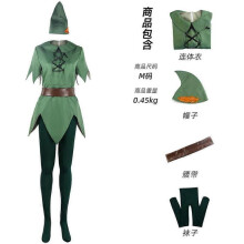 (XXL, set) Peter Pan Tinker Bell Cosplay Costume Stage Performance Suit Unisex Jumpsuit with Hat Belt Socks