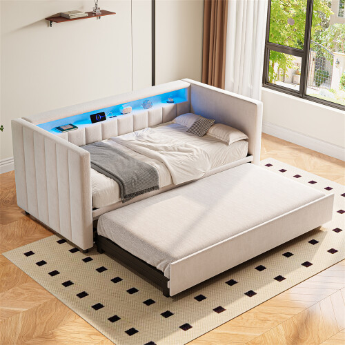 Beige Velvet Sofa Bed with USB Charging & Storage