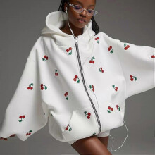 (L, white) Cherry Print Hoodie Women's Fall Streetwear Loose Fit Pullover Sweatshirt Casual Fashion Jacket