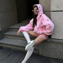 (L, pink) Cherry Print Hoodie Women's Fall Streetwear Loose Fit Pullover Sweatshirt Casual Fashion Jacket