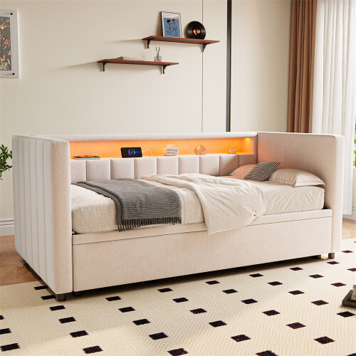 Beige Velvet Sofa Bed with USB Charging & Storage 2
