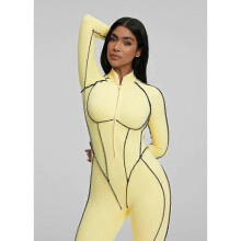 (S, Lemon Yellow) Women's One Piece Workout Outfit with Built-in Bra, Seamless Yoga Jumpsuit