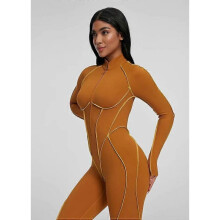 (S, caramel colour) Women's One Piece Workout Outfit with Built-in Bra, Seamless Yoga Jumpsuit