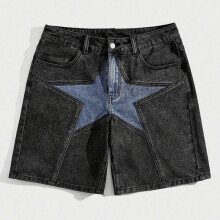 (L, black) Patch Denim Shorts Women's 2025 Summer Fashion Casual Five-Point Shorts