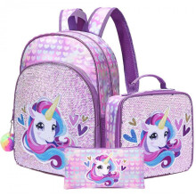 (pink) Unicorn Glitter 3-Piece Backpack Set, Cute Kids School Backpack, Breathable Polyester