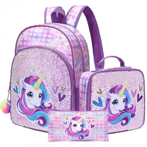 (pink) Unicorn Glitter 3-Piece Backpack Set, Cute Kids School Backpack, Breathable Polyester