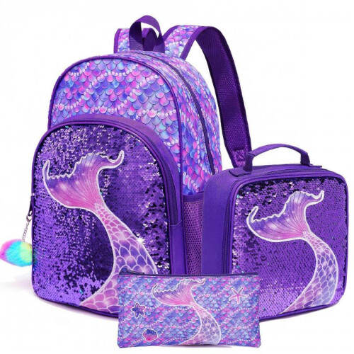 (purple) Unicorn Glitter 3-Piece Backpack Set, Cute Kids School Backpack, Breathable Polyester