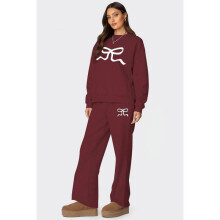 (S,Dark red)2025 Fall Winter New Women's Jacket and Wide Leg Pants Set Loose Thick Long Sleeve Casual Outfit