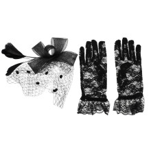 3-teiliges Set bestehend aus Fascinator mit Schleife, Schleierhut und Spitzenhandschuhen