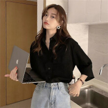 (L,Black)Korea One Pocket Loose Blouse Ins Summer French Sle Single-Breasted Round Neck Lace clothing Design sense fold Shirts Top