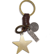 Men's Retro Keychain Leather Strap Metal Star Charm-dark brown