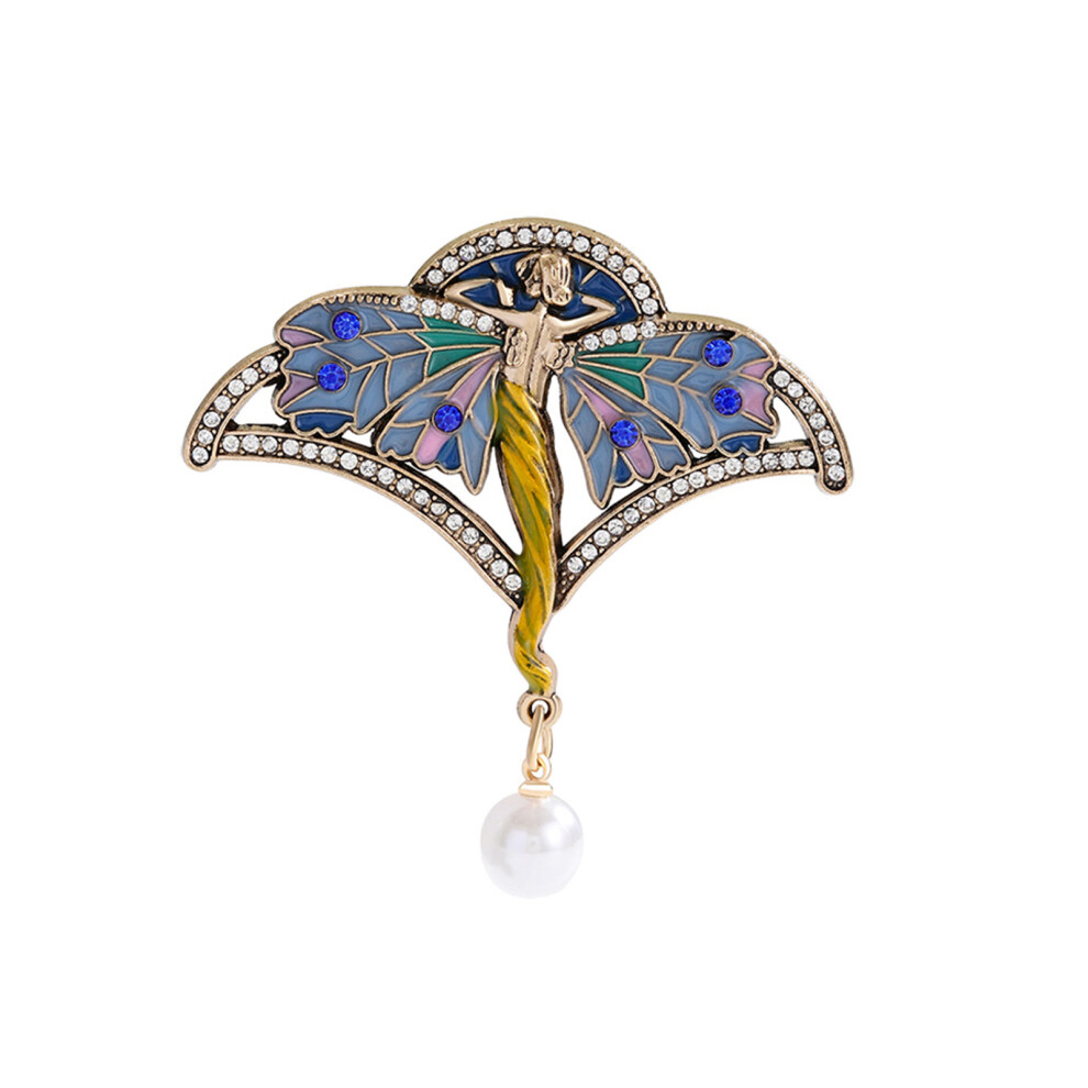 Blue Enamel Butterfly Brooch Pearls Rhinestones Accent Classical
