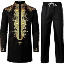 African 2-Piece Men's Ethnic Suit Set Black Size S Slim Fit Traditional Dashiki With Gold Print Shirt And Long Trousers