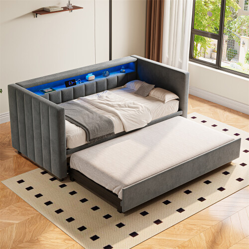 Grey Velvet Sofa Bed with USB Charging & Storage