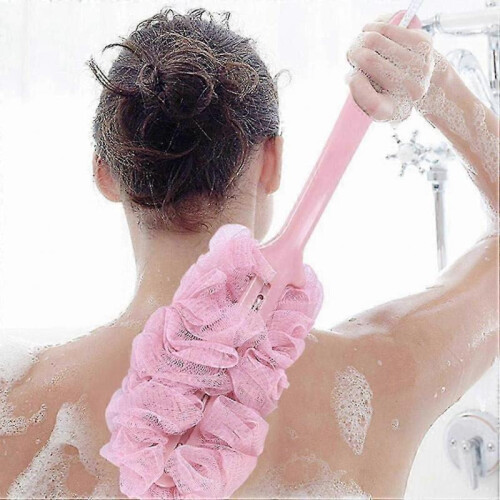 Long Handle Shower Brush with Soft Mesh - Pink Hanging Back Scrubber for Bath and Spa Use