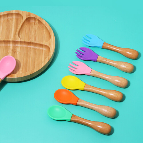 1Set Kinder Bambus Geschirrset Mit Gabel Bunt Geteilter Teller 2