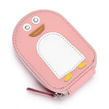 (Pink) Luxury Cute Id Card Holders for Women Genuine Cow Leather Small Exquisite Cartoon Penguin Coin Purse Cowhide Holder