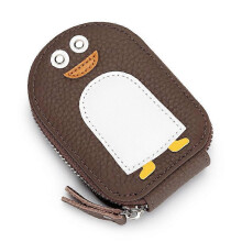 (Khaki) Luxury Cute Id Card Holders for Women Genuine Cow Leather Small Exquisite Cartoon Penguin Coin Purse Cowhide Holder