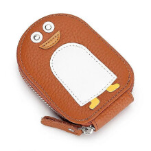 (Brown) Luxury Cute Id Card Holders for Women Genuine Cow Leather Small Exquisite Cartoon Penguin Coin Purse Cowhide Holder