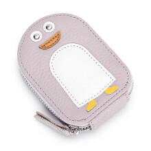 (Light Purple) Luxury Cute Id Card Holders for Women Genuine Cow Leather Small Exquisite Cartoon Penguin Coin Purse Cowhide Holder