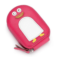 (Rose red) Luxury Cute Id Card Holders for Women Genuine Cow Leather Small Exquisite Cartoon Penguin Coin Purse Cowhide Holder