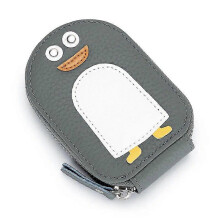 (Grey Green) Luxury Cute Id Card Holders for Women Genuine Cow Leather Small Exquisite Cartoon Penguin Coin Purse Cowhide Holder