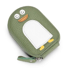 (Green) Luxury Cute Id Card Holders for Women Genuine Cow Leather Small Exquisite Cartoon Penguin Coin Purse Cowhide Holder