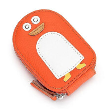 (Orange) Luxury Cute Id Card Holders for Women Genuine Cow Leather Small Exquisite Cartoon Penguin Coin Purse Cowhide Holder