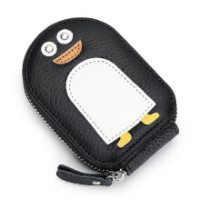 (Black) Luxury Cute Id Card Holders for Women Genuine Cow Leather Small Exquisite Cartoon Penguin Coin Purse Cowhide Holder