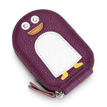 (Purple) Luxury Cute Id Card Holders for Women Genuine Cow Leather Small Exquisite Cartoon Penguin Coin Purse Cowhide Holder
