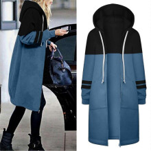 (M, GY) Women Vintage Zipper-up Hoodies Winter Warm Soild Color Splicing Hooded Sweatshirt Casual Long Coat Jacket Top Outwear