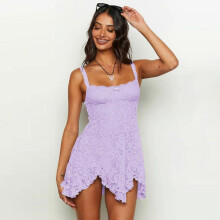 (S,Purple)2025 Spring and Summer New Double Diamond Collar Lace Splicing Irregular Hem Suspender Dress for Women