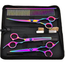 7inch Colored Dog Prep Scissors Pet Hair Trimming Set 4 Aseo Curved Scissors Kits From