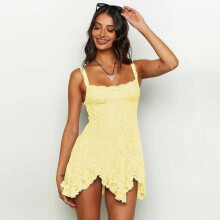 (M,Yellow)2025 Spring and Summer New Double Diamond Collar Lace Splicing Irregular Hem Suspender Dress for Women