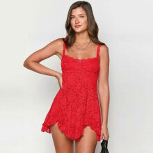 (S,Red)2025 Spring and Summer New Double Diamond Collar Lace Splicing Irregular Hem Suspender Dress for Women