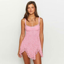 (S,Pink)2025 Spring and Summer New Double Diamond Collar Lace Splicing Irregular Hem Suspender Dress for Women