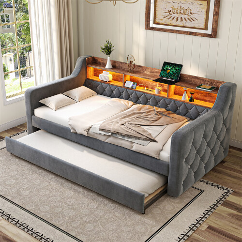 Velvet Sofa Bed, Storage, USB-C Port &LED Lighting