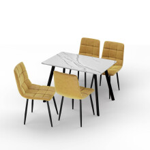 (White Marble, Yellow) 5-Piece Dining Set - 110cm Table and 4 Upholstered Velvet Chairs with Metal Legs
