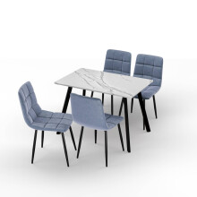 (White Marble, Madison Blue) 5-Piece Dining Set - 110cm Table and 4 Upholstered Velvet Chairs with Metal Legs