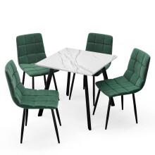 (White Marble, Green) 5-Piece Dining Set - 80cm Square Table and 4 Upholstered Velvet Chairs with Metal Legs
