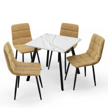 (White Marble, Curly Yellow) 5-Piece Dining Set - 80cm Square Table and 4 Upholstered Velvet Chairs with Metal Legs