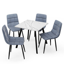 (White Marble, Madison Blue) 5-Piece Dining Set - 80cm Square Table and 4 Upholstered Velvet Chairs with Metal Legs