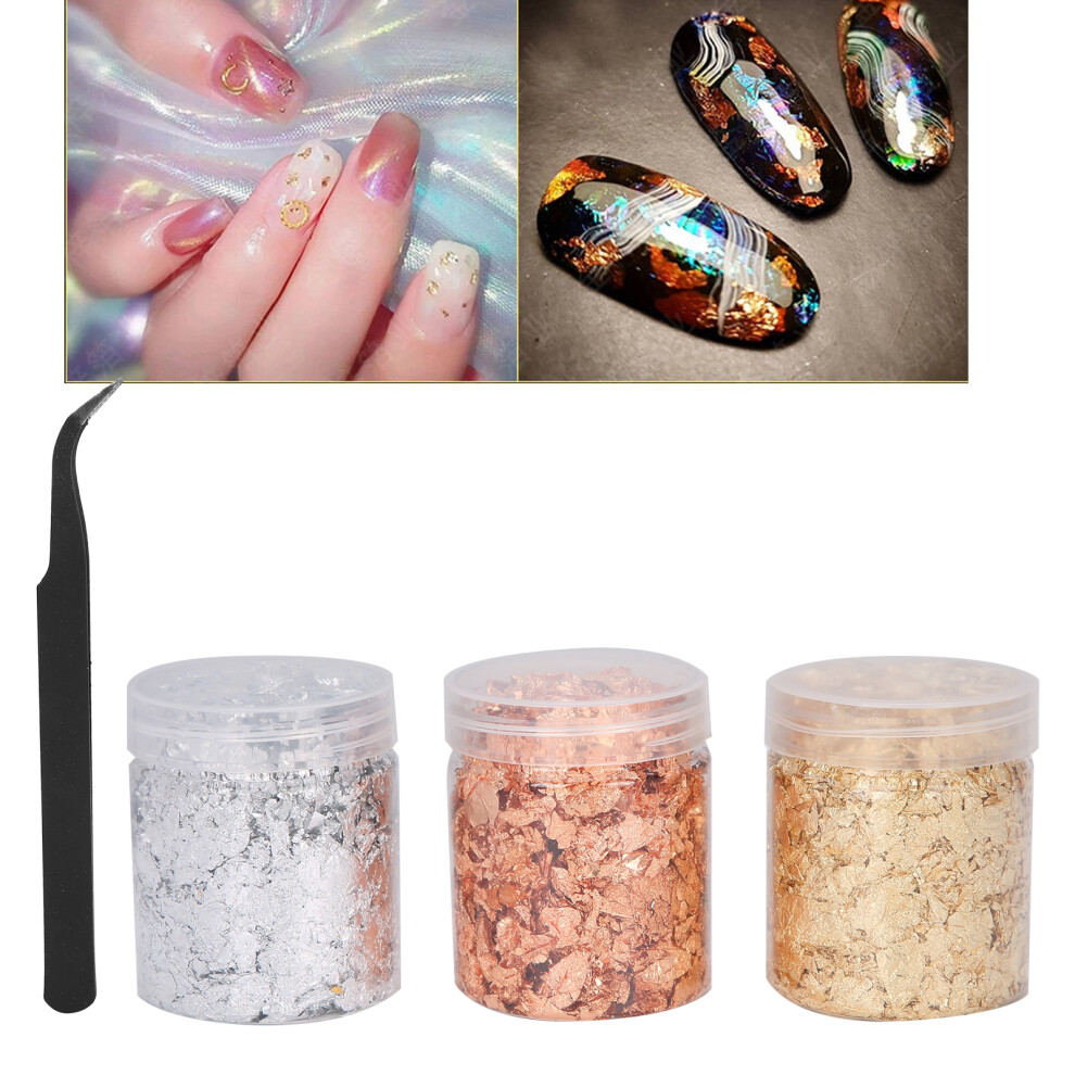 Silver,Gold 3Pcs Gold Silver Copper Foil Flakes Nail Decor 6.3X5.2cm