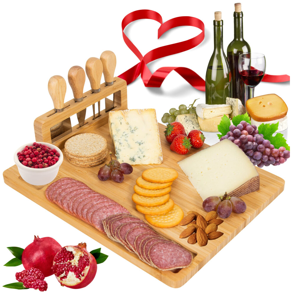 Giggi Bamboo Cheese Board Gift Set | Cheese Board With 4 Piece Cheese Knives | Charcuterie Board | Cheese Board And Knife Set For Birthday Gifts