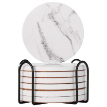 Drink Coasters Set of 6 - Marble Style Ceramic Round Coaster with Cork Base and Holder?Suitable for Kinds of Cups, Wooden Table,4 Inches (Marble)