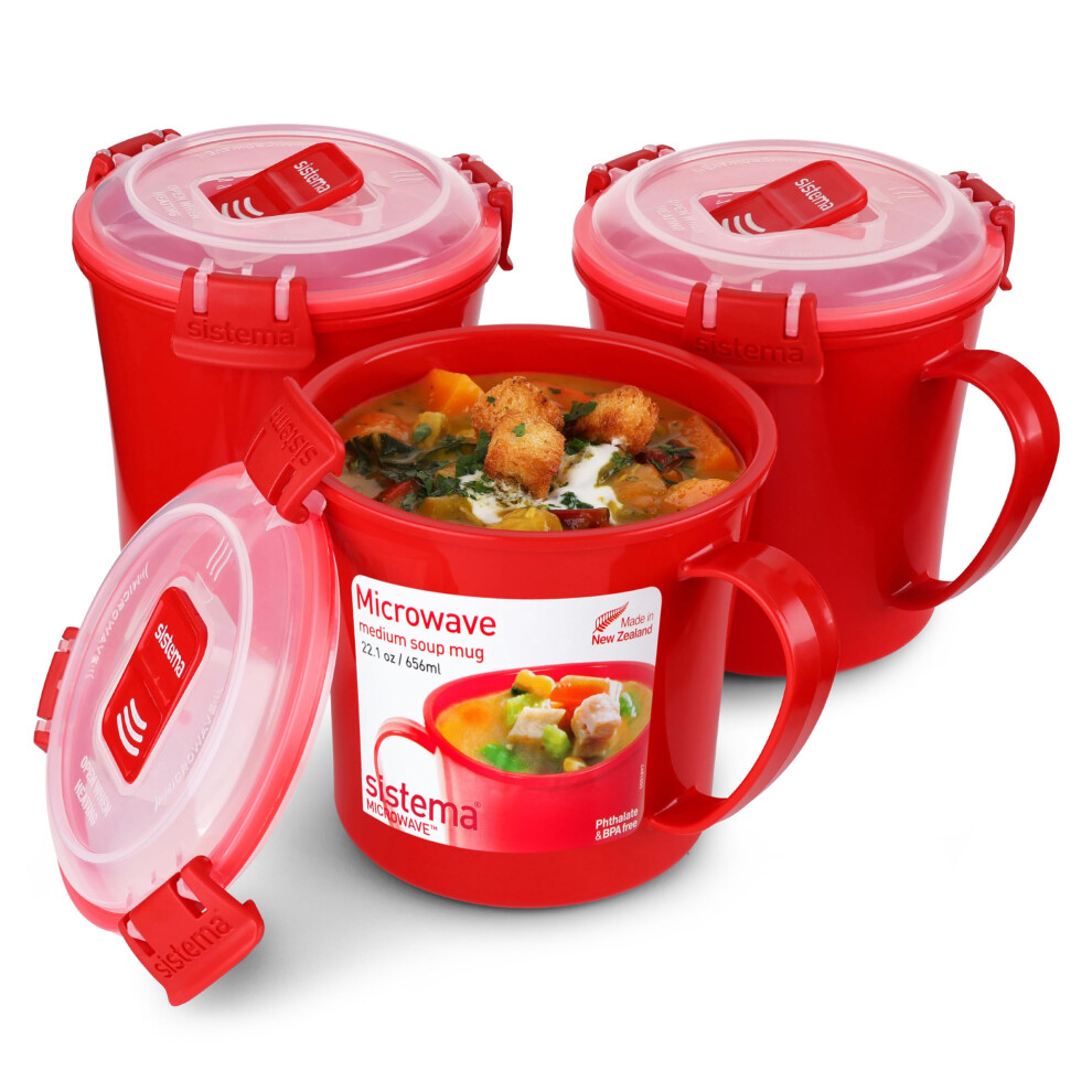 Sistema Microwave Soup Mugs | 656 Ml | Microwave Food Containers With Steam Release Vents | Bpa-Free | | 3 Count Red