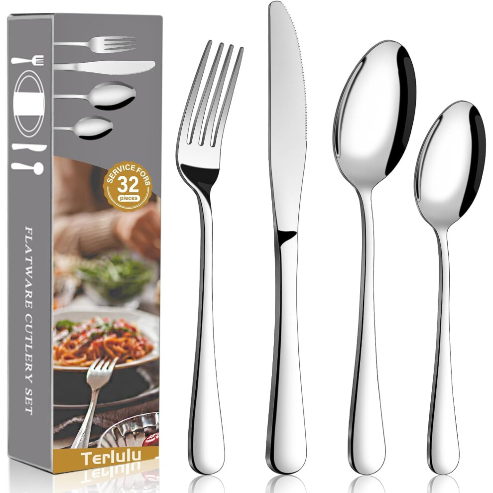 Terlulu Cutlery Set, 32 Piece Stainless Steel Flatware Set Including Knives Forks Spoons Teaspoons, Service For 8, Dishwasher Safe/Easy Clean, Mirror Polished