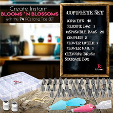 RFAQK 74 PCs Piping Bags and Nozzles | Cake Decorating Kit-48 Numbered Icing Nozzles with Pattern Chart & EBook-Flower Lifter&Nail, Icing Bags and